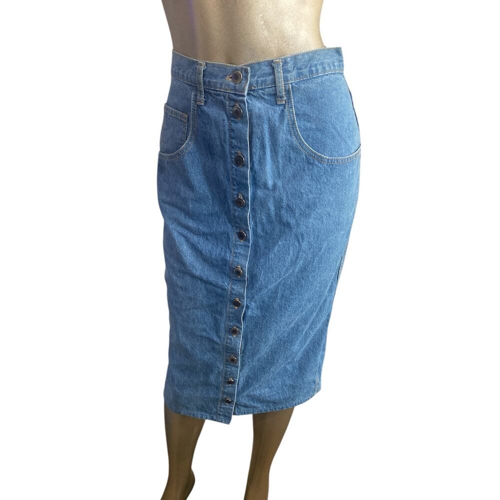 Vintage 90s Paris Sport Club Denim Midi Skirt Button Front Size 9 Cotton